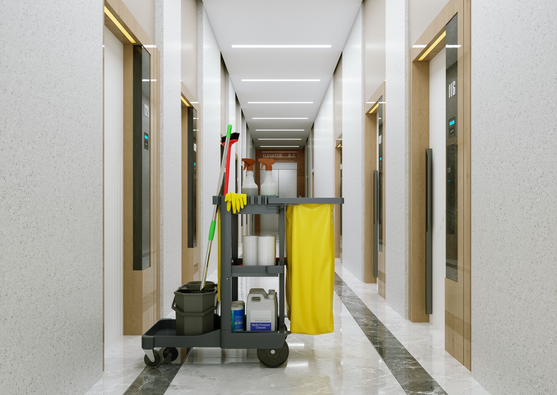 Close-up Of Cleaning Cart With Detergents, Cleaning Mop And Bucket In Empty Hotel Corridor